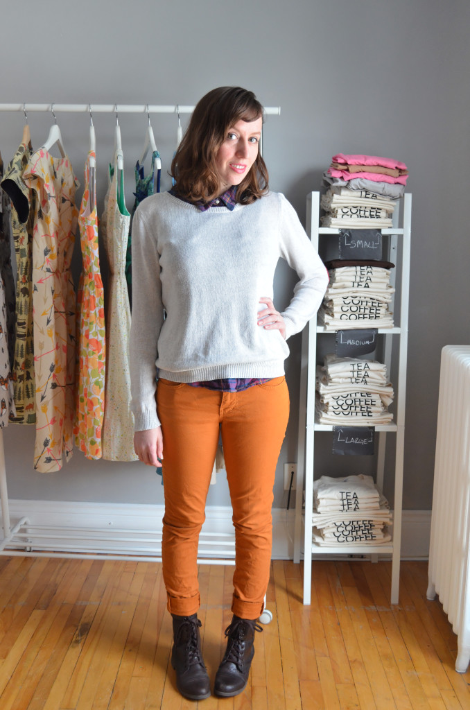 Flannel, pullover knit and sunny yellow jeans for January // Sophster-Toaster