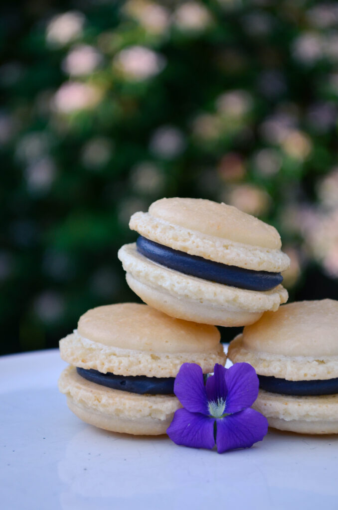 Three light macarons with dark filling on a plate.